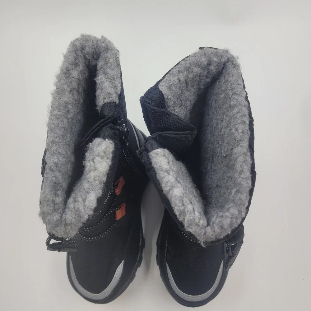 Black Winter Snow Boots Kids Size 8C Faux Fur Lined Bungee Zip Reflective Trim